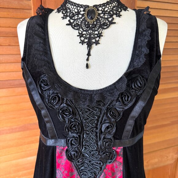 Vintage Cykxtees Gothic Victorian Y2K Velvet Black Crimson Red Brocade Dress M - Picture 1 of 11